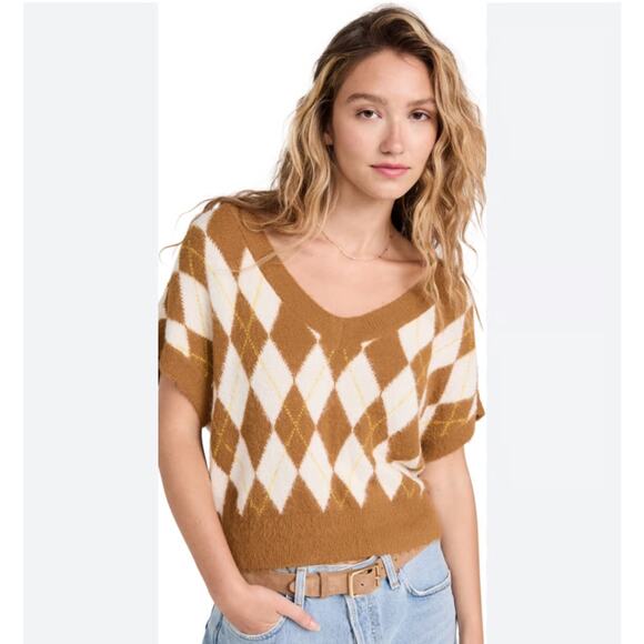 Free People Through the Motions Sweater Vest Retro Boxy Brown Cream M - Picture 10 of 13